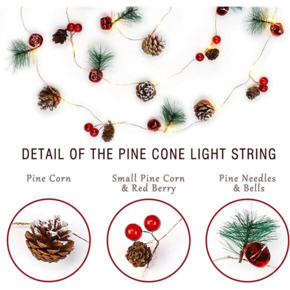 10ft Christmas Garland - LED Lights, Pine Cones, Berries & Bells - Picture 2 of 7
